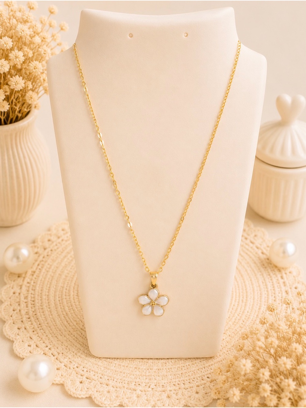White Flower Enamel Pendant Necklace - Gold Tone Chaim-Women Jewelry